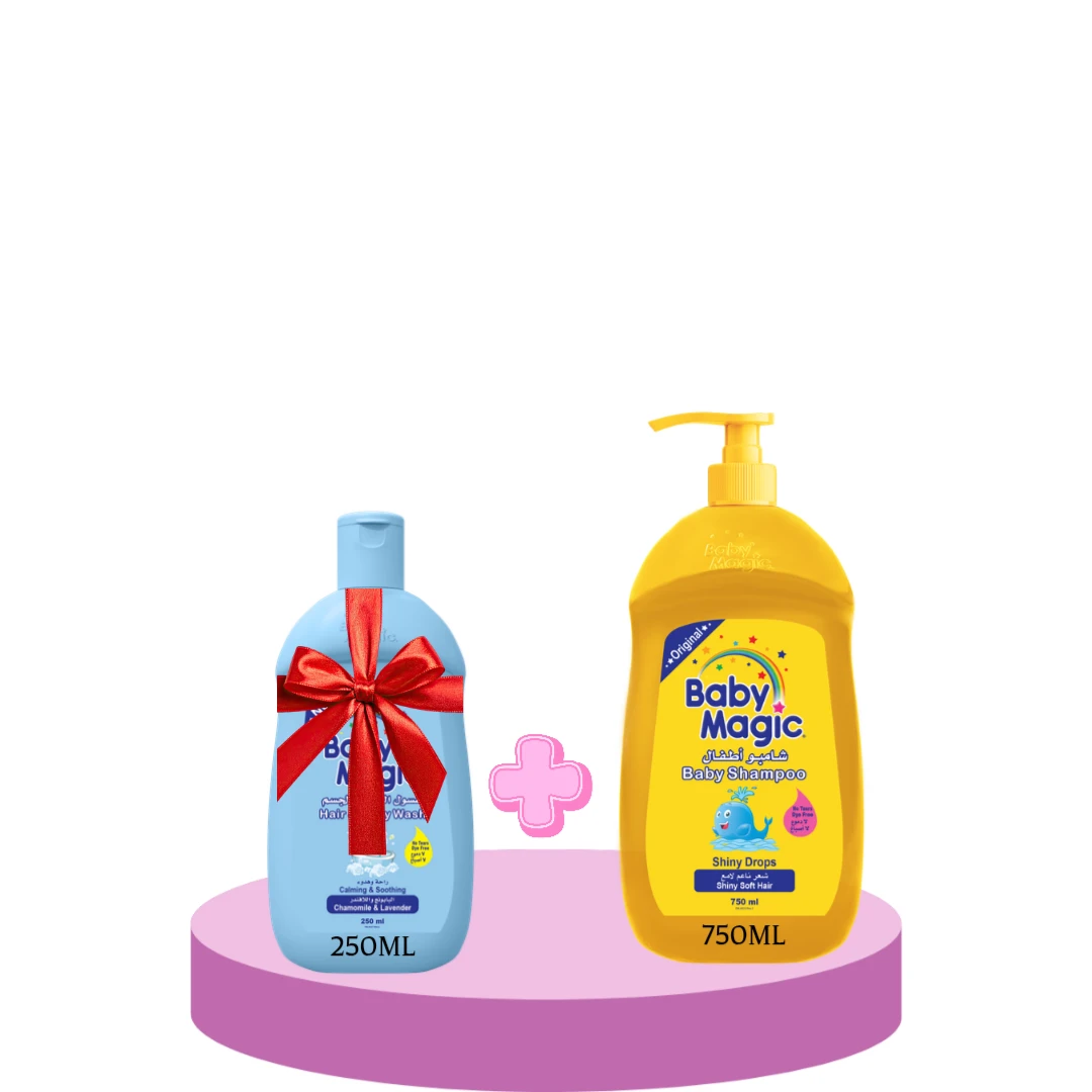 شامبو بيبي ماجيك قطرات لامعة 750ml + غسول الشعر والجسم بببب ماجيك البابونج والافندر 250ml مجانا